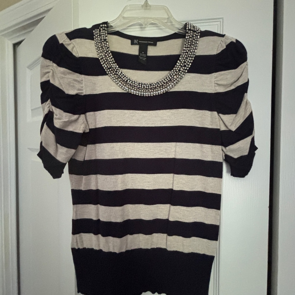 INC International Concepts Striped Blouse with Embellished Neckline